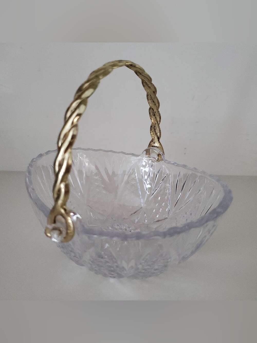 Cut Glass Mini Basket Jewellery Holder / Candy Dish w/ Gold-Tone Twisted Handle